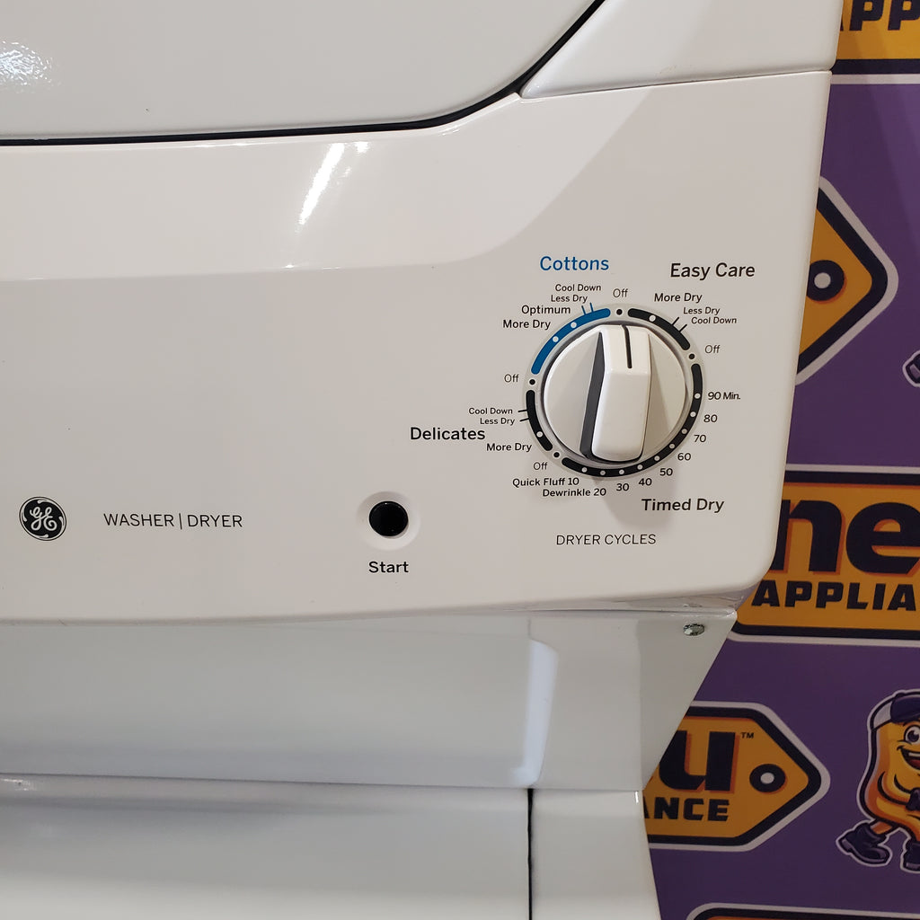 Pictures of GE White unitized Spacemaker 3.8 Cu. Ft. Washer with Stainless Steel Basket and 5.9 Cu. Ft. Dryer GUD27ESSMWW - Certified Refurbished - Neu Appliance Outlet - Discount Appliance Outlet in Austin, Tx