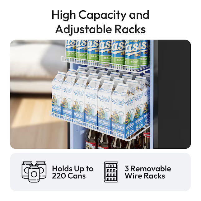 Euhomy 21.3 in. Single Zone 220-Cans Freestanding/Built-in Beverage Refrigerator Cooler in Black with LED Light, See-Thru Door CDR002-6BL - New in Box