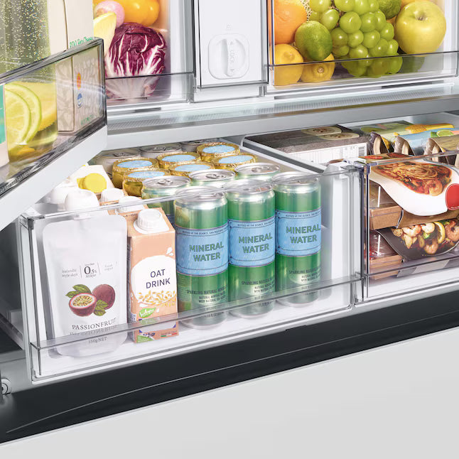 Samsung Counter-Depth Beverage Center 24.0 cu ft 3-Door Smart Compatible French Door Refrigerator with Dual Ice Maker with Water Dispenser and Door within Door ENERGY STAR Certified in White Glass RF24BB660012 - Scratch & Dent (Minor)