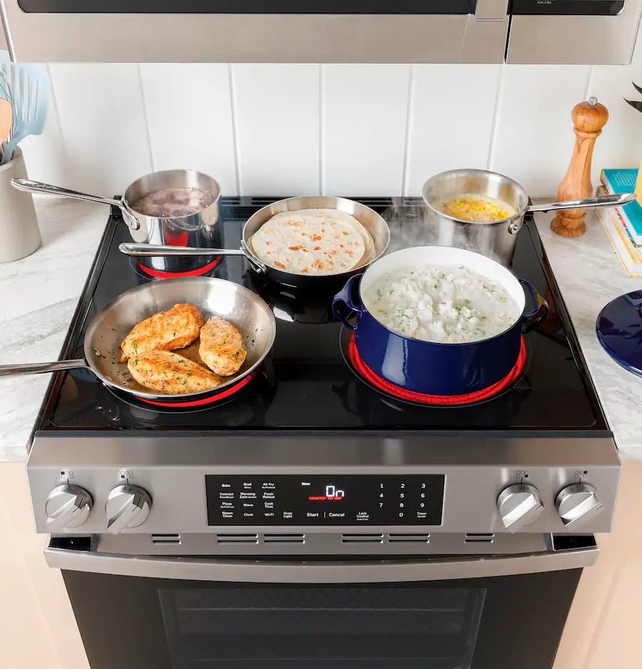 Pictures of GE® Stainless Steel Front Control Slide-In Electric Range with Crisp Mode and 5 Burner Radiant Cooktop 251310SD910 - GRS500PV2SS - Scratch & Dent (Minor) - Neu Appliance Outlet - Discount Appliance Outlet in Austin, Tx