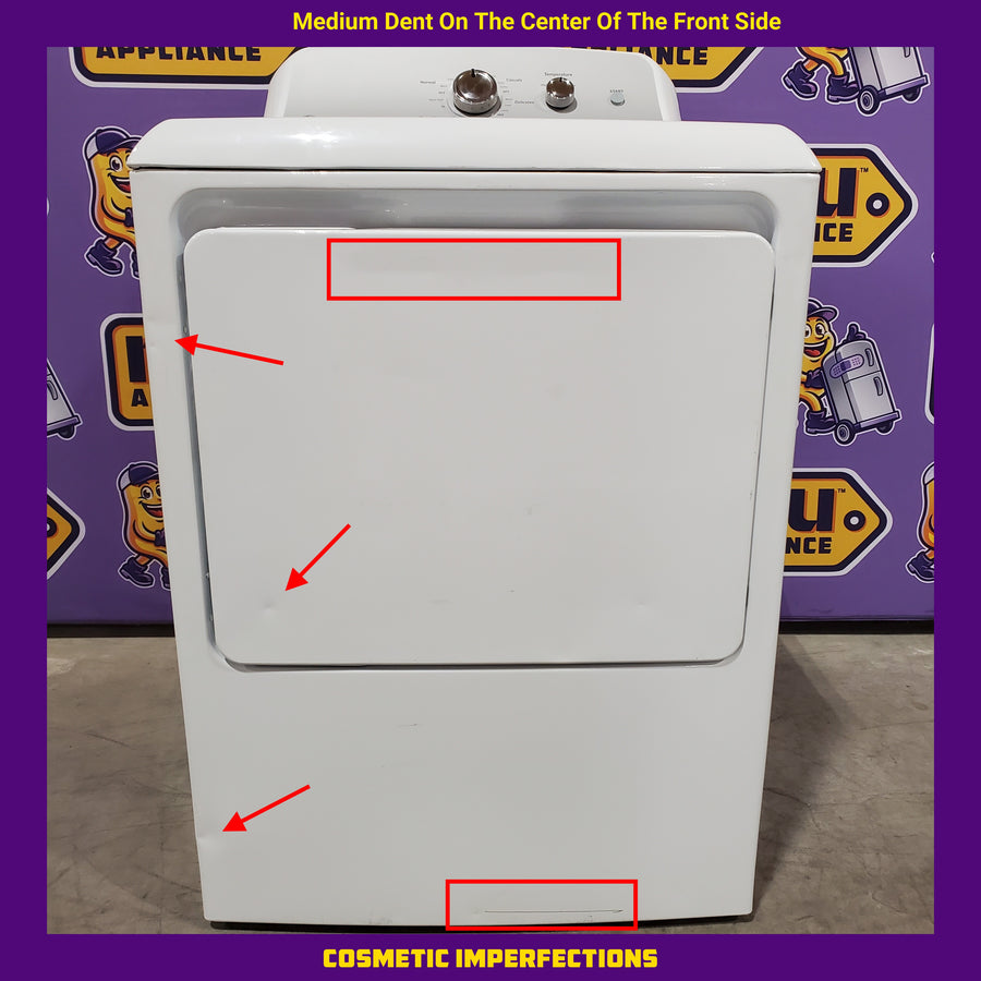 GE White Electric 7.2 Cu. Ft. Capacity Dryer with Up to 120 Ft. Venting and Reversible Door 31135SD247 - GTD38EASWWS - Scratch & Dent (Moderate)