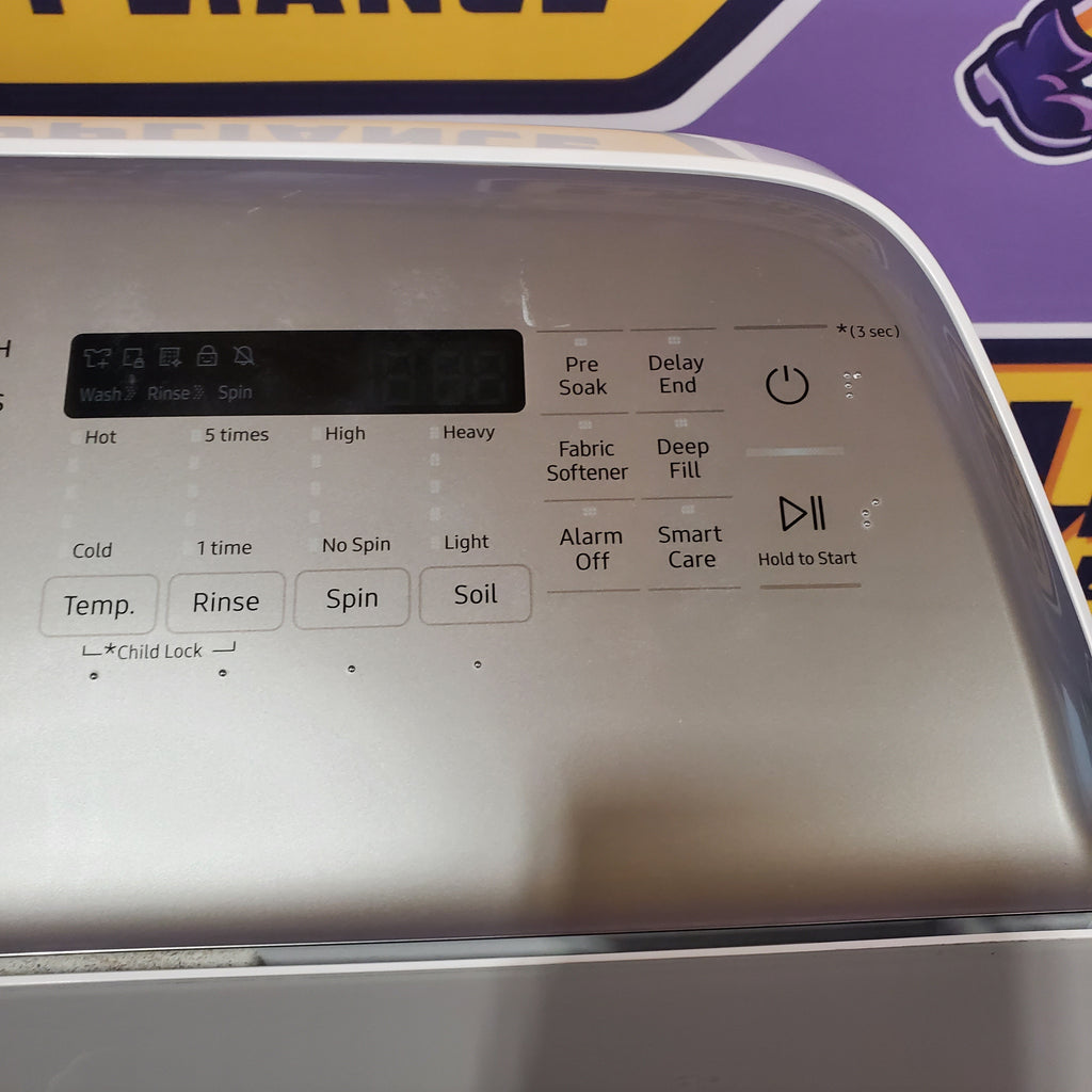 Samsung 5.0 cu. ft. Top Load Washing Machine with Active Water Jet 1CR04014 - WA50R5200AW - Certified Refurbished and Samsung White Smart Electric 7.4 Cu. Ft. Dryer with Sensor Dry and Steam Sanitize+ 16106 - DVE52A5500W - Scratch & Dent (Minor)