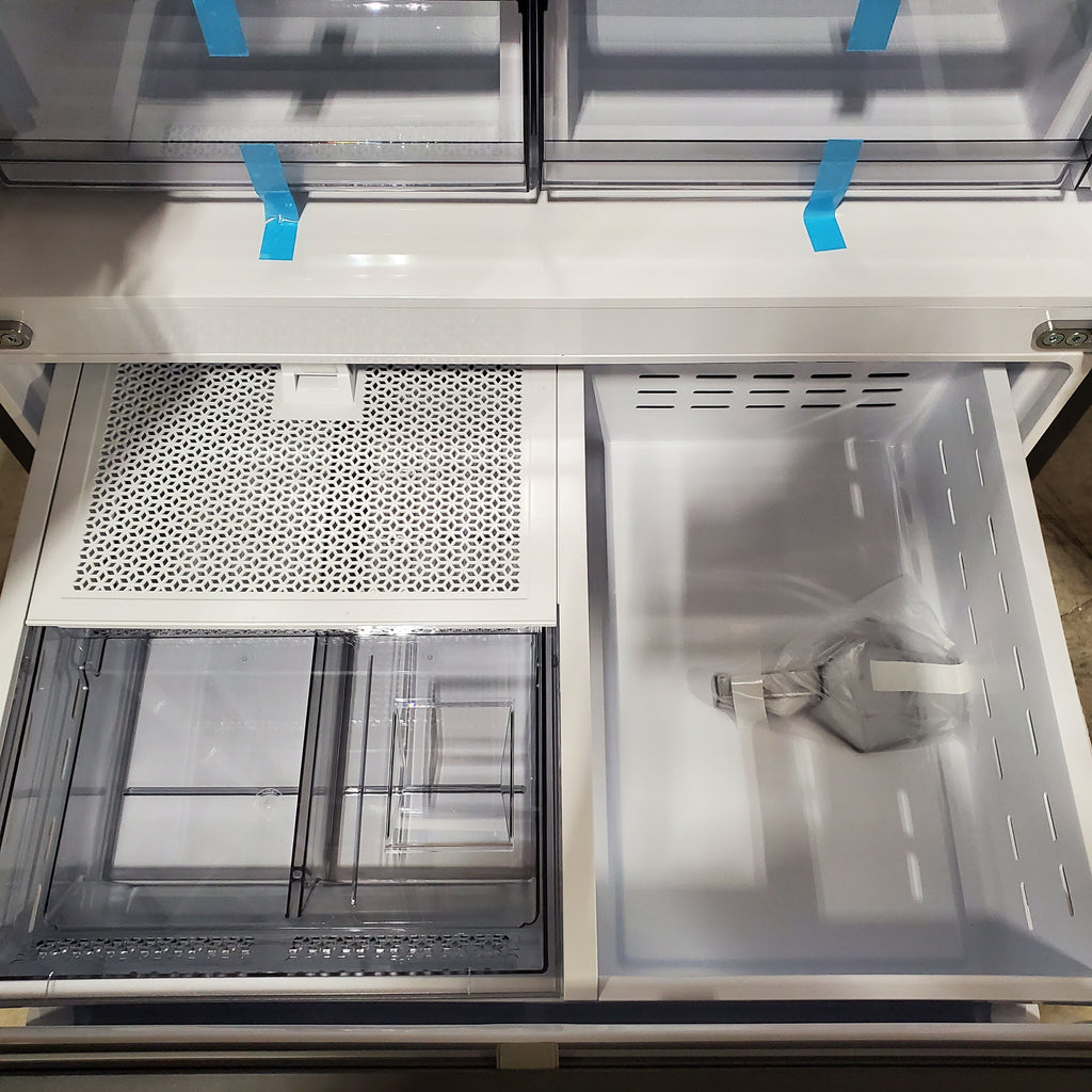 Open Samsung Bespoke 3-Door French Door RF30BB6600QL Refrigerator interior with shelves and compartments.