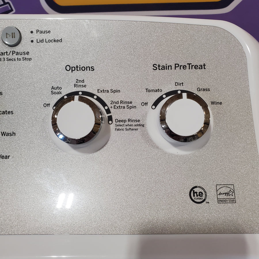 GE White Top Load 4.4 Cu. Ft. Washer with Stainless Steel Basket GTW490ACJWS - Scratch &Dent (Major) and GE White Electric 7.2 Cu. Ft. Dryer with Aluminized Alloy Drum 16253 - GTD45EASJWS - Scratch & Dent (Moderate)