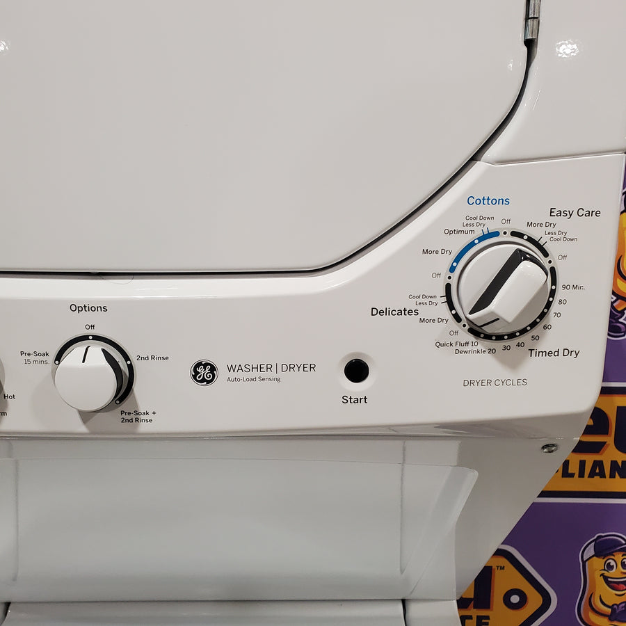 GE 24 in.  Spacemaker 2.3 cu. ft. Washer and 4.4 cu. ft. Gas Laundry Center with Stainless Steel Wash Basket GUD24GSSMWW - Scratch & Dent (Minor)