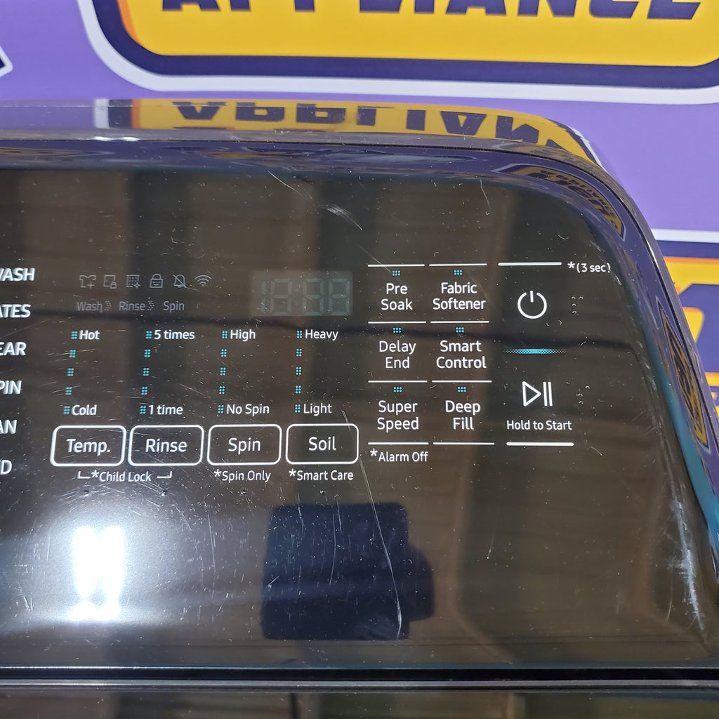 Pictures of Samsung Brushed Black Top Load 5.2 Cu. Ft. Washer with SuperSpeed Wash WA52A5500AV - Certified Refurbished and Samsung Brushed Navy Smart Electric Front Load 7.4 Cu. Ft. Dryer with Steam Sanitize+ DVE54CG7150D - Scratch and Dent (Minor) - Neu Appliance Outlet - Discount Appliance Outlet in Austin, Tx