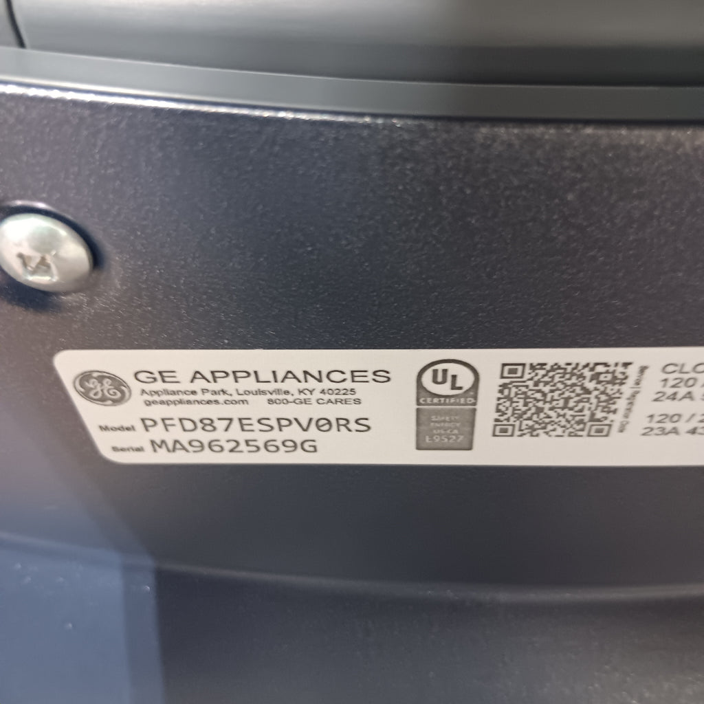GE PFD87ESPVRS GE Appliances label on a kitchen appliance