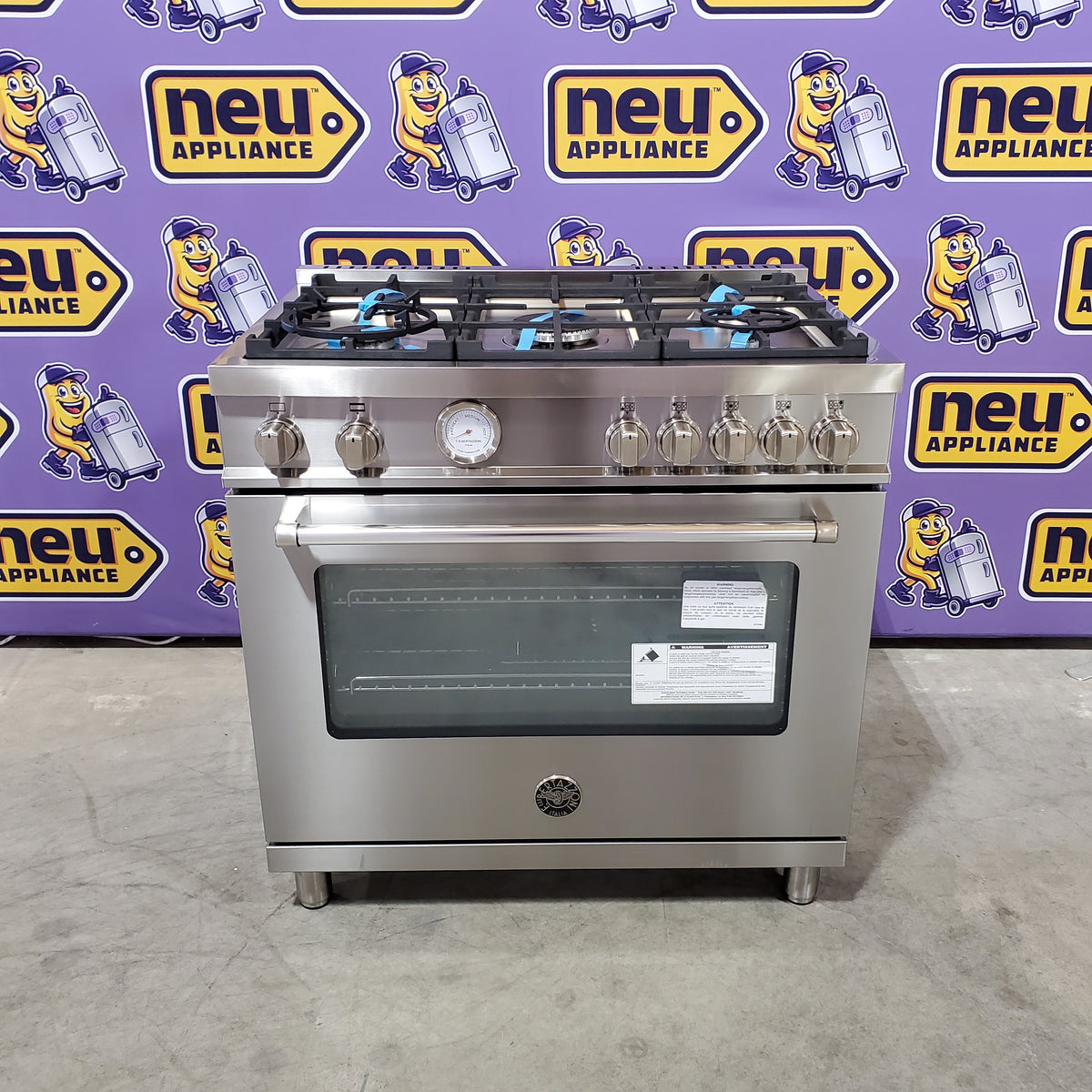 Bertazzoni Master Series 36 Inch Freestanding Gas Range with 5 Sealed Burners, 5.9 cu. ft. Oven Capacity, Dual Convection Oven, Soft-Close Door Stainless Steel Natural Gas MAST365GASXE - Scratch & Dent (Moderate)