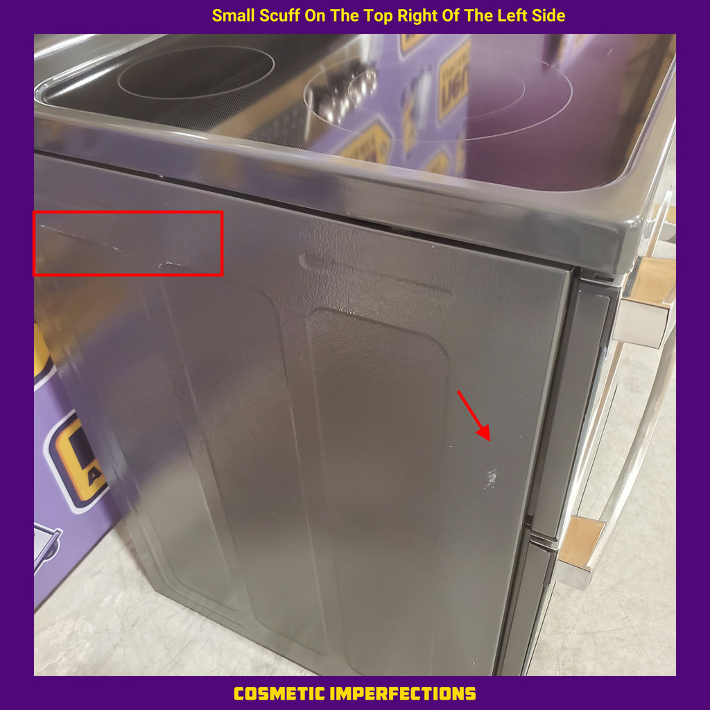 Stainless steel GE Free-Standing 30" Electric Double Oven Convection Range JBS86SPSS with a small scuff on the top right of the left side, labeled 'Cosmetic Imperfections'.