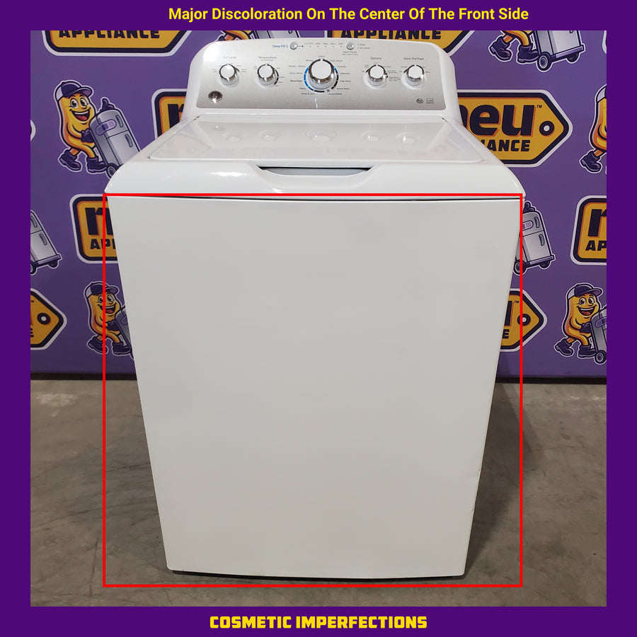 GE White Top Load 4.4 Cu. Ft. Washer with Stainless Steel Basket GTW490ACJWS - Scratch &Dent (Major) and GE White Electric 7.2 Cu. Ft. Dryer with Aluminized Alloy Drum 16253 - GTD45EASJWS - Scratch & Dent (Moderate)