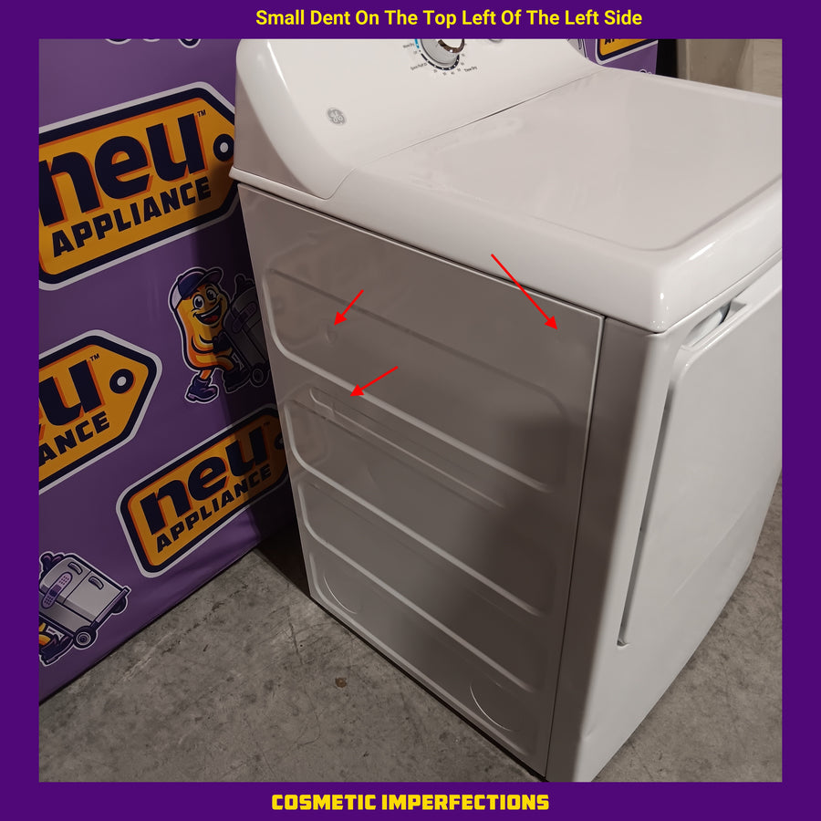 GE White Top Load 4.0 Cu. Ft. Capacity Washer with Stainless Steel Wash Basket GTW325ASWWW - Scratch & Dent (Moderate) and GE 7.2 cu. ft. Capacity Aluminized Alloy Drum Electric Dryer 16292 - GTD33EASKWW - Certified Refurbished