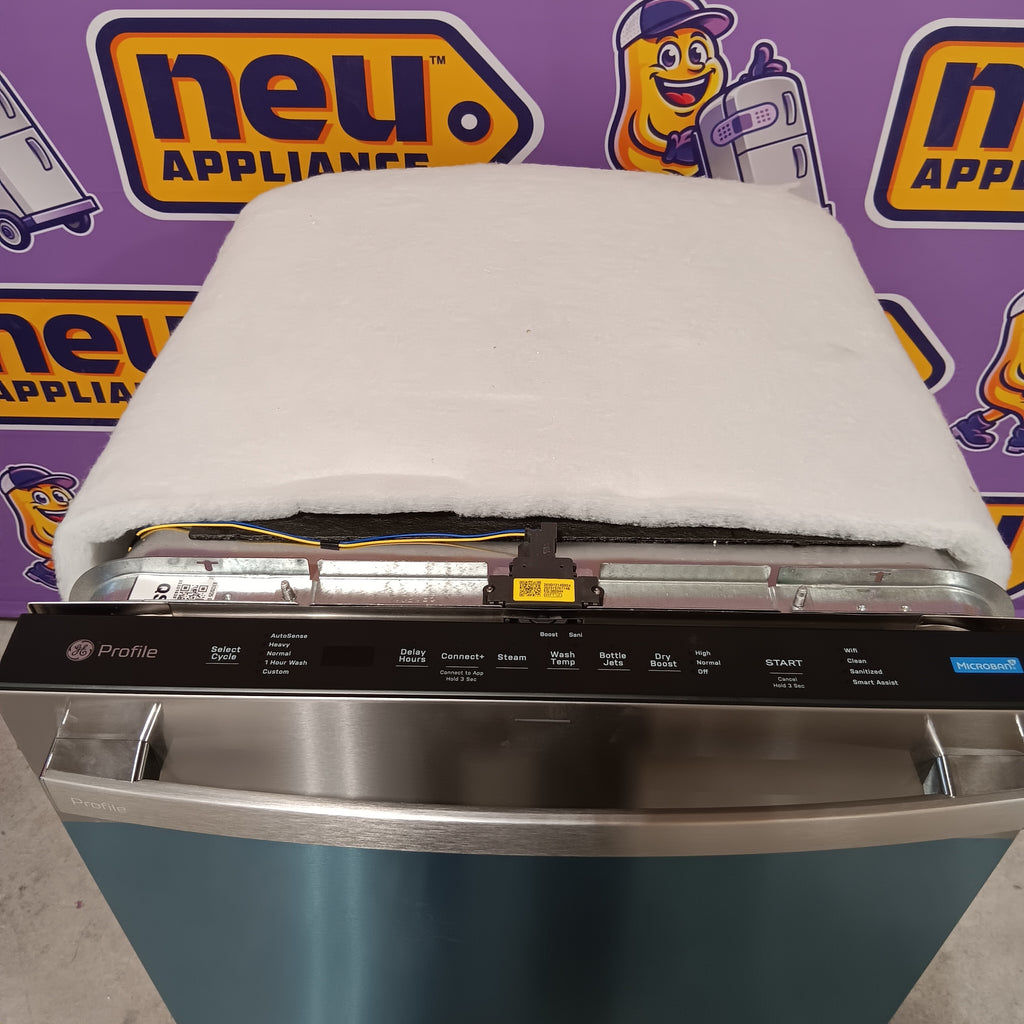 GE PDT715SYVFS Stainless steel appliance with a white cover on a background featuring 'new appliance' branding.