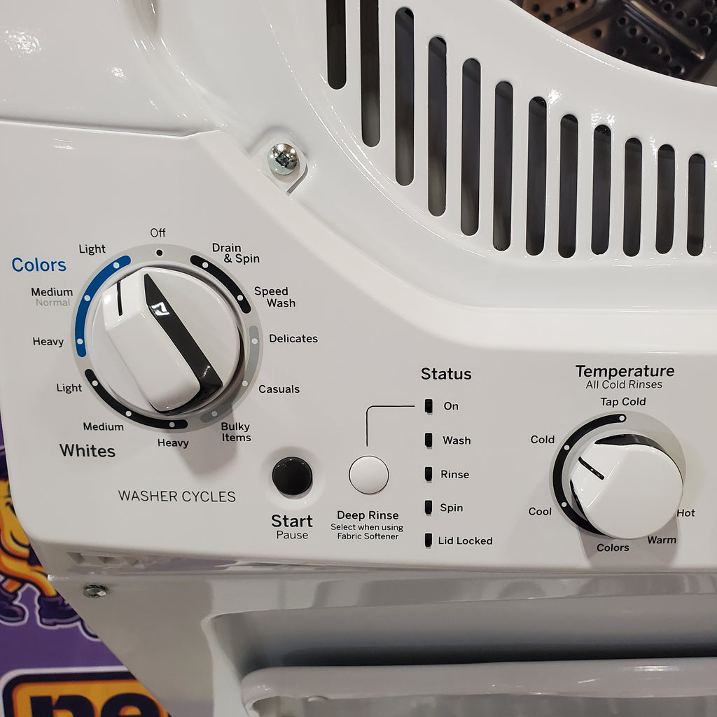 GE 24 in.  Spacemaker 2.3 cu. ft. Washer and 4.4 cu. ft. Gas Laundry Center with Stainless Steel Wash Basket 31134SD181 - GUD24GSSMWW - Scratch & Dent (Minor)