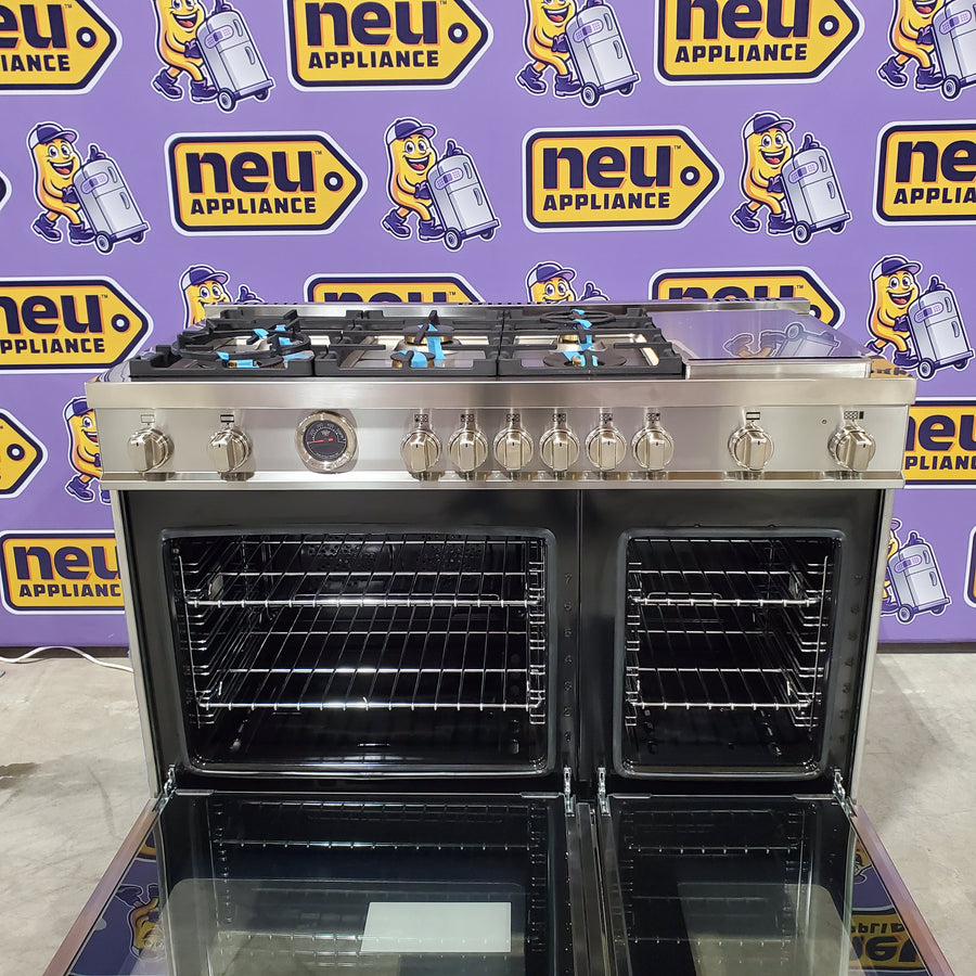 Bertazzoni Master Series 48 Inch Freestanding Gas Range with 6 Sealed Burners, 7 cu. ft. Total Oven Capacity, Double Oven, European Convection Oven, and Electric Griddle: Natural Gas 11113107 - MAS486BTFGMX - Scratch & Dent (Minor)