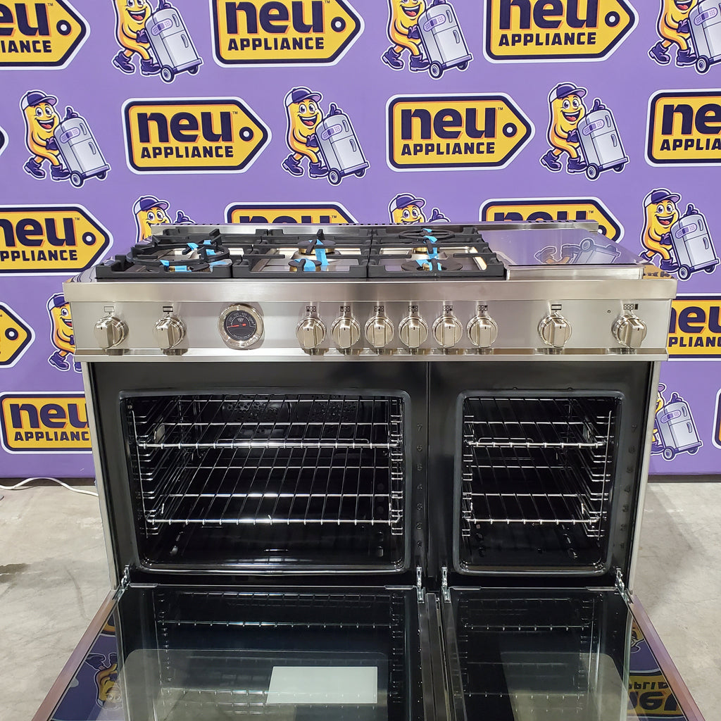 Pictures of Bertazzoni Master Series 48 Inch Freestanding Gas Range with 6 Sealed Burners, 7 cu. ft. Total Oven Capacity, Double Oven, European Convection Oven, and Electric Griddle: Natural Gas 11113107 - MAS486BTFGMX - Scratch & Dent (Minor) - Neu Appliance Outlet - Discount Appliance Outlet in Austin, Tx