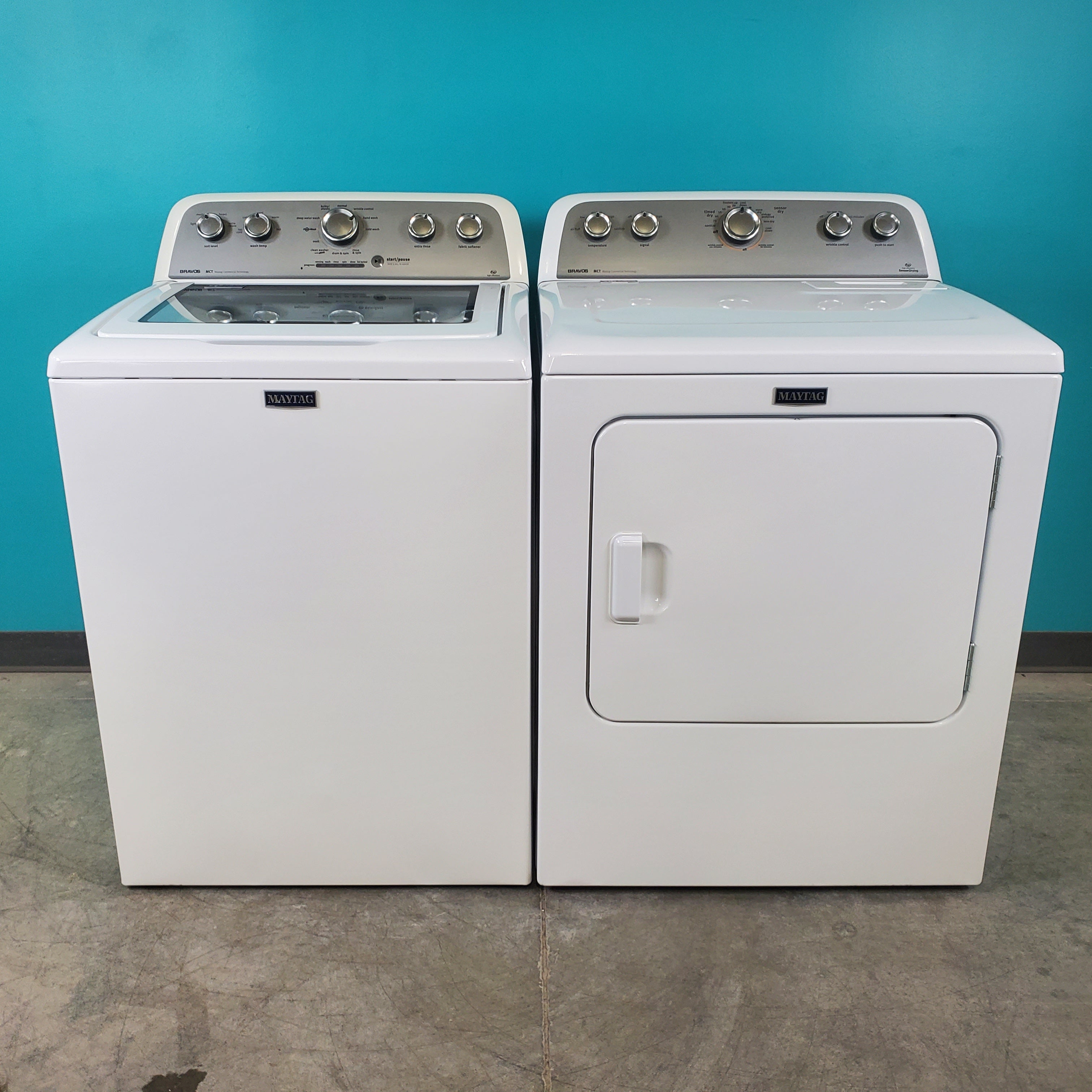 Pictures of Neu Elite Maytag Bravos High Capacity Impeller Washer & Electric Dryer Set: 4.3 cu. ft. High Capacity Impeller Washer With Extra Water Cycle / Option & 7.0 cu. ft. Electric 220v Dryer With Auto Sensor Dry  - Certified Refurbished - Neu Appliance Outlet - Discount Appliance Outlet in Austin, Tx