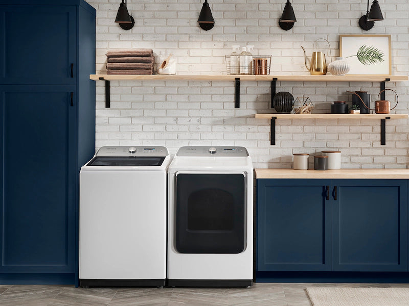Samsung White Top Load 5.4 Cu. Ft. Washer with Active Water Jet WA50R5200AW/US - Certified Refurbished and Samsung White 7.4 cu. ft. Electric Dryer in White with Steam Sanitize+ DVE54R7200W/A3 - Certified Refurbished