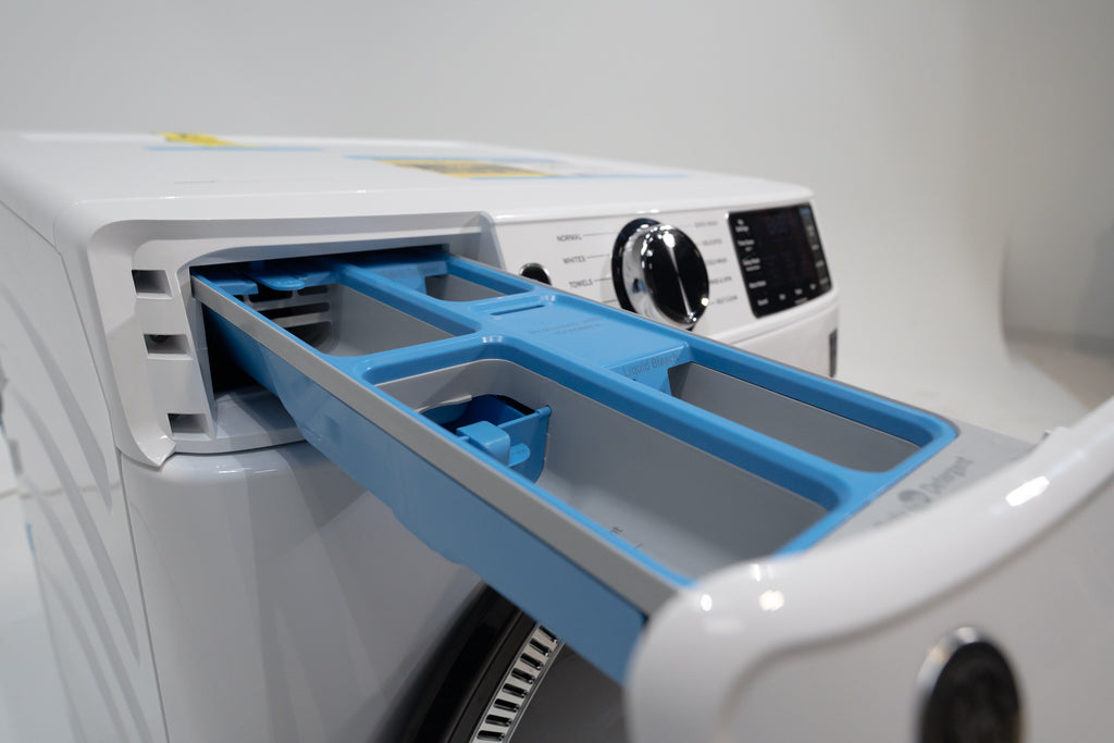 GE GFW550SSNWW White dryer with blue detergent drawer open on a white background