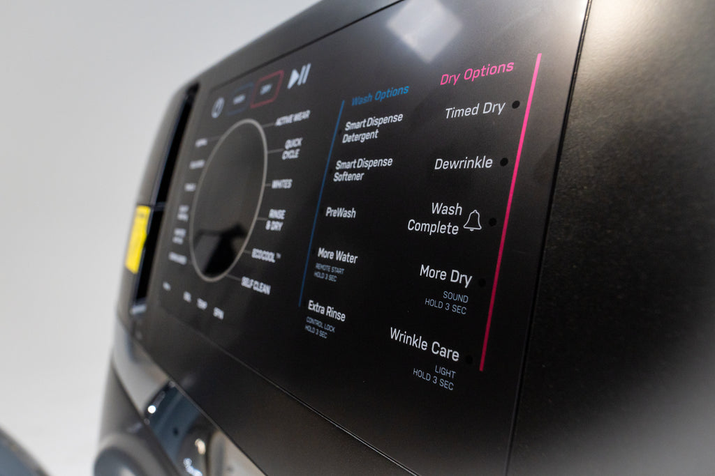 GE Profile PFQ97HSPVDS Control panel of a dryer with various settings displayed on a screen.