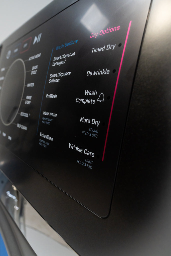 GE Profile PFQ97HSPVDS Dishwasher control panel with various options displayed