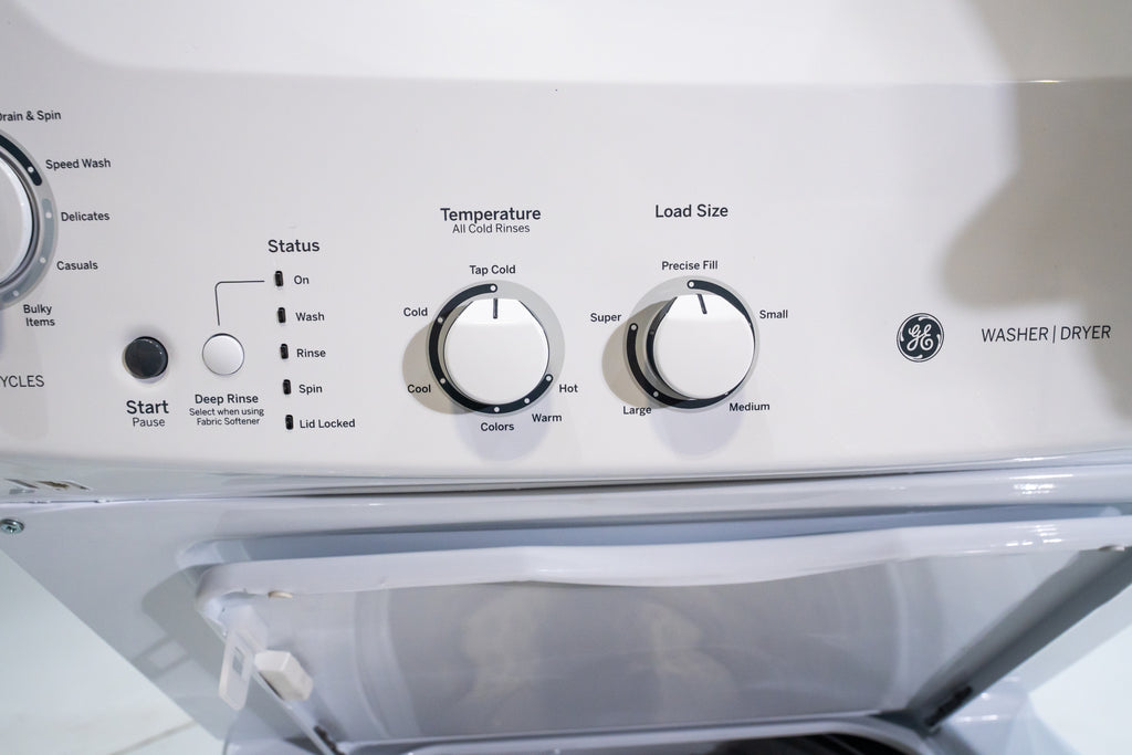 Pictures of GE Unitized Spacemaker® 3.8 cu. ft. Capacity Washer with Stainless Steel Basket and 5.9 cu. ft. Capacity Electric Dryer GUD27ESSMWW - New in Box - Neu Appliance Outlet - Discount Appliance Outlet in Austin, Tx
