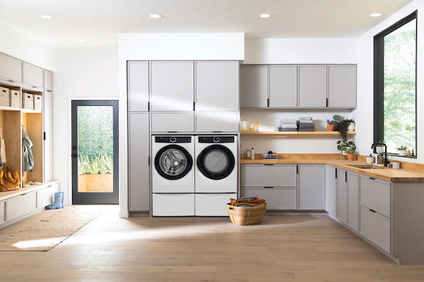 Electrolux 4.5 Cu.Ft. Stackable Front Load Washer with Steam and SmartBoost Wash System ELFW7637AW - Open Box and Electrolux 8.0 Cu. Ft. Front Load Perfect Steam™ Electric Dryer with Balanced Dry™ and Instant Refresh ELFE7626BW - Scratch & Dent (Minor)