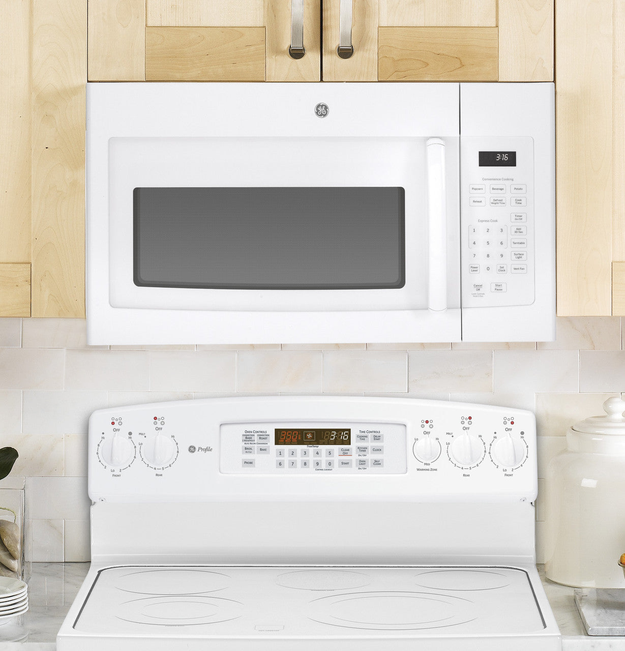 GE 1.6 cu. ft. Over the Range Microwave in White with 13.5 inch Defros