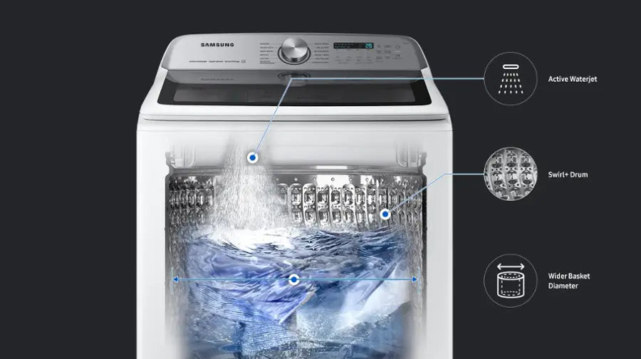 Pictures of 5.2 cu. ft. Samsung Large Capacity Smart Top Load Washer with Super Speed Wash in White and 7.4-cu ft Electric Dryer (White) - New in Box Washing Machine with Scratch and Dent Dryer - Neu Appliance Outlet - Discount Appliance Outlet in Austin, Tx