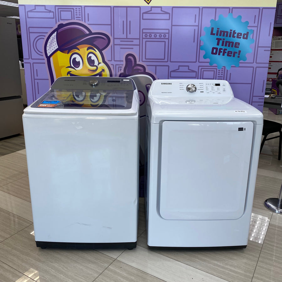 Samsung ENERGY STAR 5.0 cu. ft. Top Load Washing Machine with Active Water Jet WA50R5200AW - Certified Refurbished and Samsung 7.2 cu. ft. Electric Dryer with Sensor Dry in White DVE45T3200W - Scratch & Dent (Minor)
