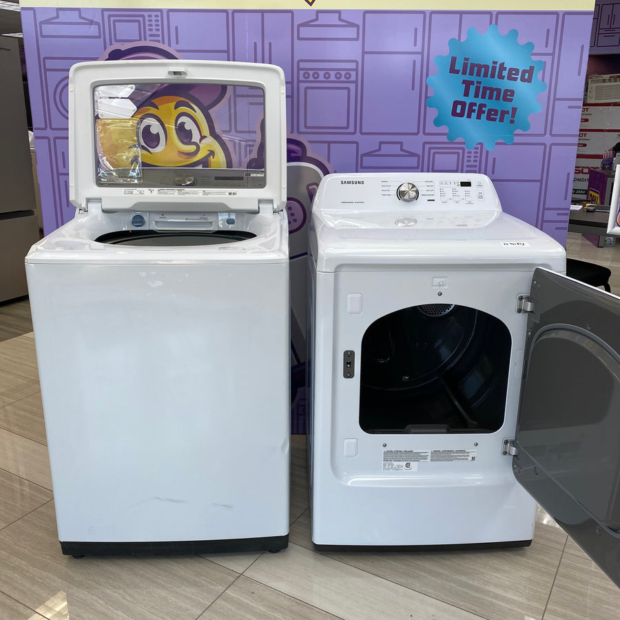 Samsung ENERGY STAR 5.0 cu. ft. Top Load Washing Machine with Active Water Jet WA50R5200AW - Certified Refurbished and Samsung 7.2 cu. ft. Electric Dryer with Sensor Dry in White DVE45T3200W - Scratch & Dent (Minor)