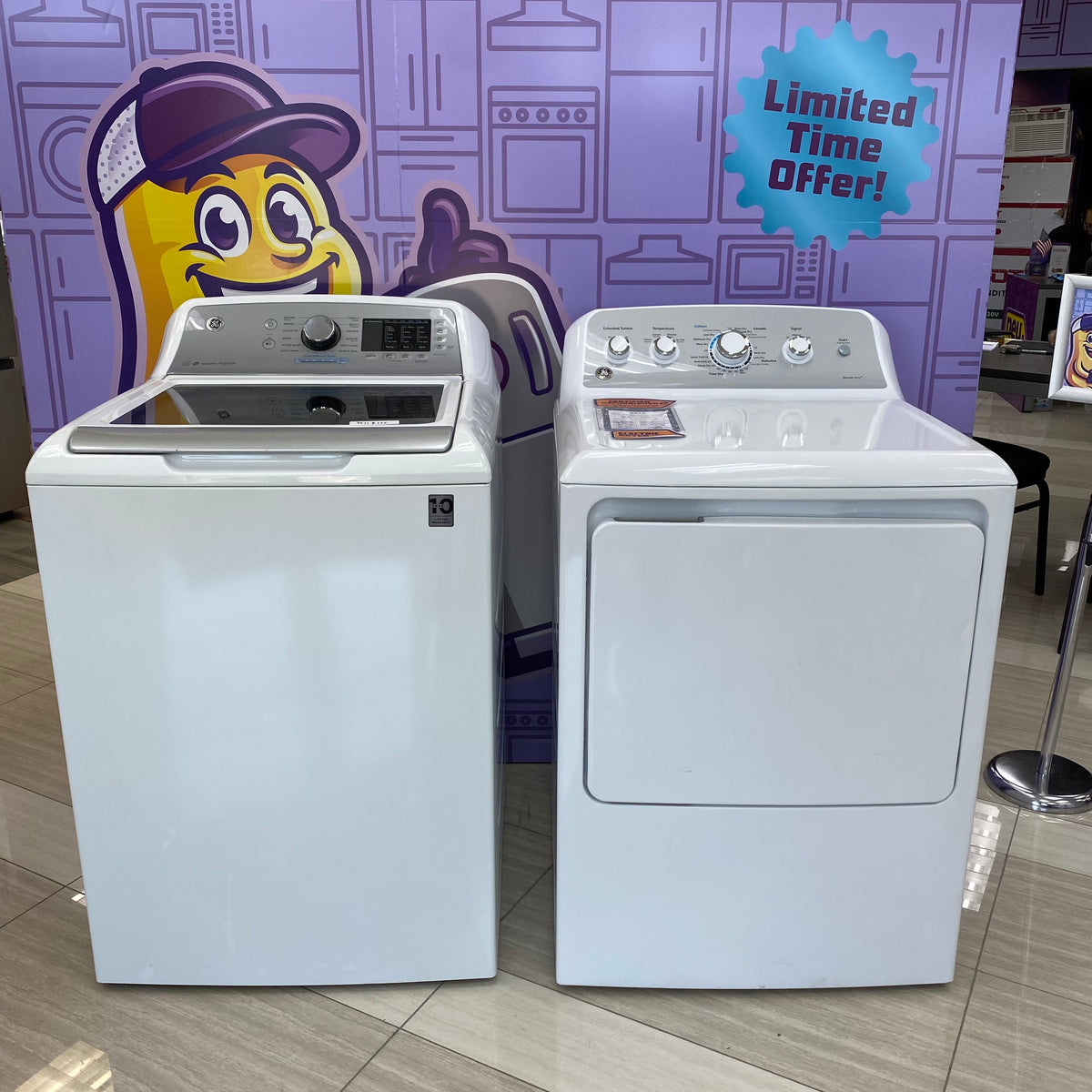 GE® ENERGY STAR® 4.8 cu. ft. Capacity Washer with Sanitize w/Oxi in White GTW720BSNWS - Certified Refurbished and GE White Electric Aluminized Alloy Drum 7.2 Cu. Ft. Dryer with Sensor Dry and Extended Tumble GTD45EASJWS - Certified Refurbished