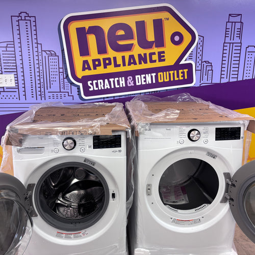 Pictures of LG 4.5 cu. ft. Front Load Washer with Steam and Built-In Intelligence in White WM4000HWA - New in Box and LG 7.4 cu. ft. Front Load Electric Dryer with TurboSteam and Sensor Dry Technology in White DLEX4000W - New in Box - Neu Appliance Outlet - Discount Appliance Outlet in Austin, Tx