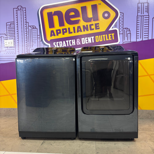 Pictures of Samsung 5.4 cu. ft. Smart Top Load Washer with Pet Care Solution and Super Speed Wash WA54CG7150AD - New in Box and Samsung Pet Care Dry and Steam Sanitize+ 7.4-cu ft Reversible Side Swing Door Steam Cycle Smart Gas Dryer DVG54CG7150D - New in Box - Neu Appliance Outlet - Discount Appliance Outlet in Austin, Tx