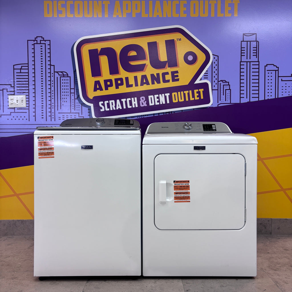 Pictures of Maytag 5.3 cu. ft. Smart Top Load Washer with Extra Power MVW7232HW3 - Open Box and Maytag 7.0 cu. ft. Electric Dryer with Moisture Sensing and Quick Dry Cycle MED6200KW - Scratch & Dent (Minor) - Neu Appliance Outlet - Discount Appliance Outlet in Austin, Tx