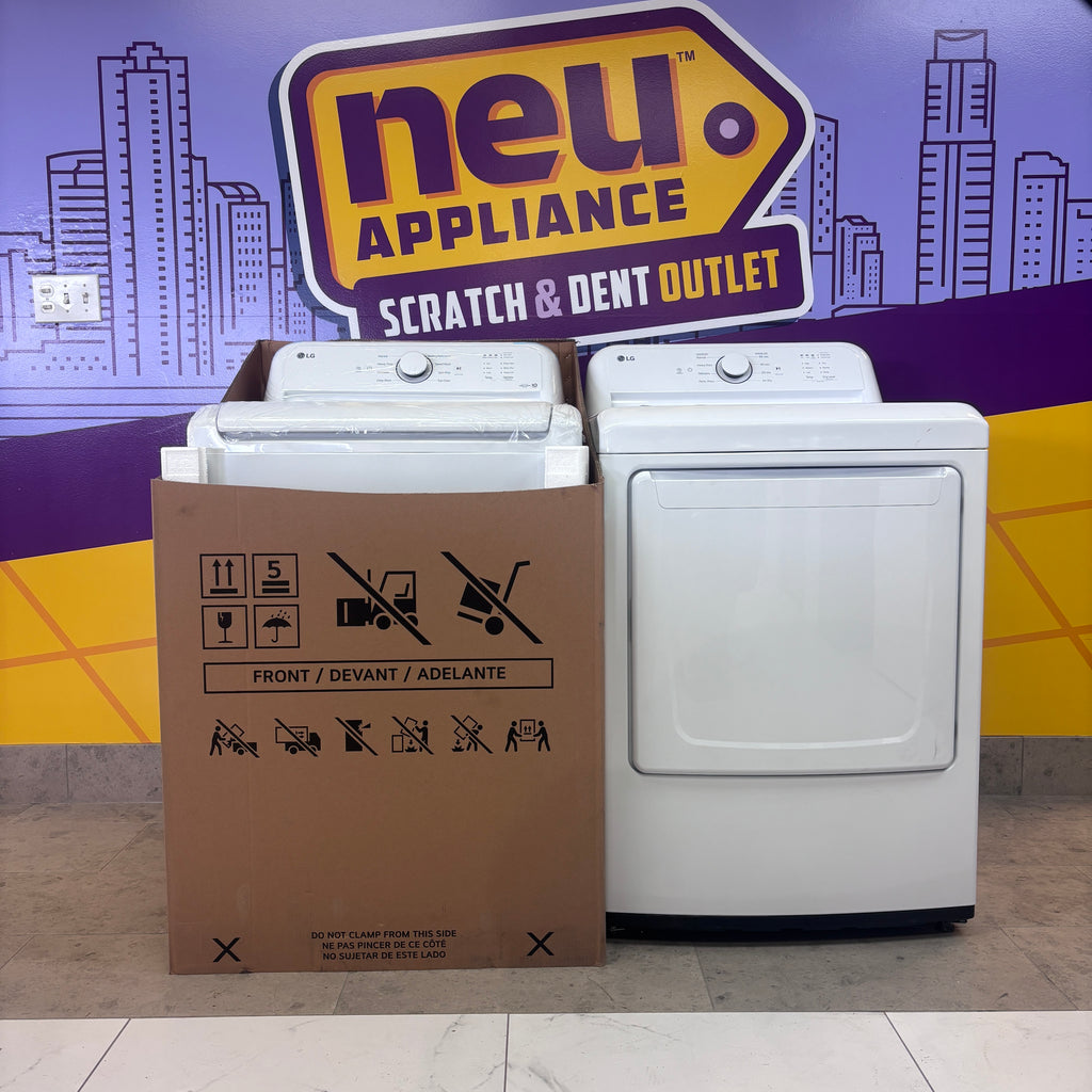 LG 4.3 cu. ft. Capacity Top Load Washer with TurboDrum™ Technology and Impeller WT6100CW - New in Box and LG 7.3 Cu. Ft.  Electric Rear Control Ultra Large Capacity Dryer in White with Sensor Dry DLE6100W - Open Box
