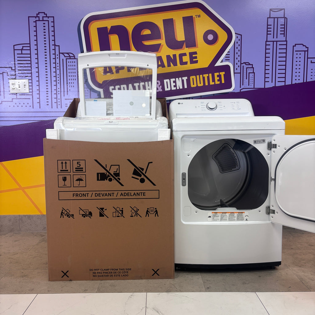 LG 4.3 cu. ft. Capacity Top Load Washer with TurboDrum™ Technology and Impeller WT6100CW - New in Box and LG 7.3 Cu. Ft.  Electric Rear Control Ultra Large Capacity Dryer in White with Sensor Dry DLE6100W - Open Box