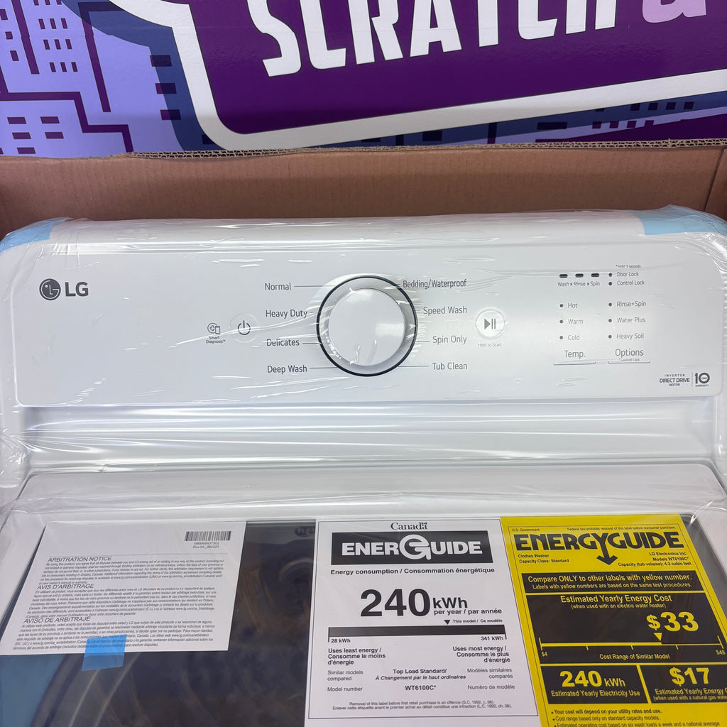 LG 4.3 cu. ft. Capacity Top Load Washer with TurboDrum™ Technology and Impeller WT6100CW - New in Box and LG 7.3 Cu. Ft.  Electric Rear Control Ultra Large Capacity Dryer in White with Sensor Dry DLE6100W - Open Box