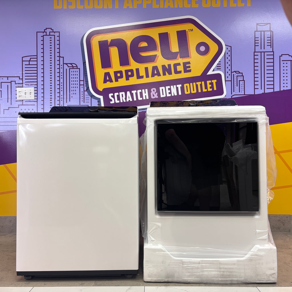 Pictures of LG 5.5 cu. ft. Mega Capacity Top Load Washer with Impeller in Alpine White WT8400CW - Open Box and LG Energy Star Certified 7.3 cu. ft. Ultra Large Capacity Rear Control Electric Dryer with LG EasyLoad™ Door and AI Sensing 15023 - DLE8400WE - New in Box - Neu Appliance Outlet - Discount Appliance Outlet in Austin, Tx
