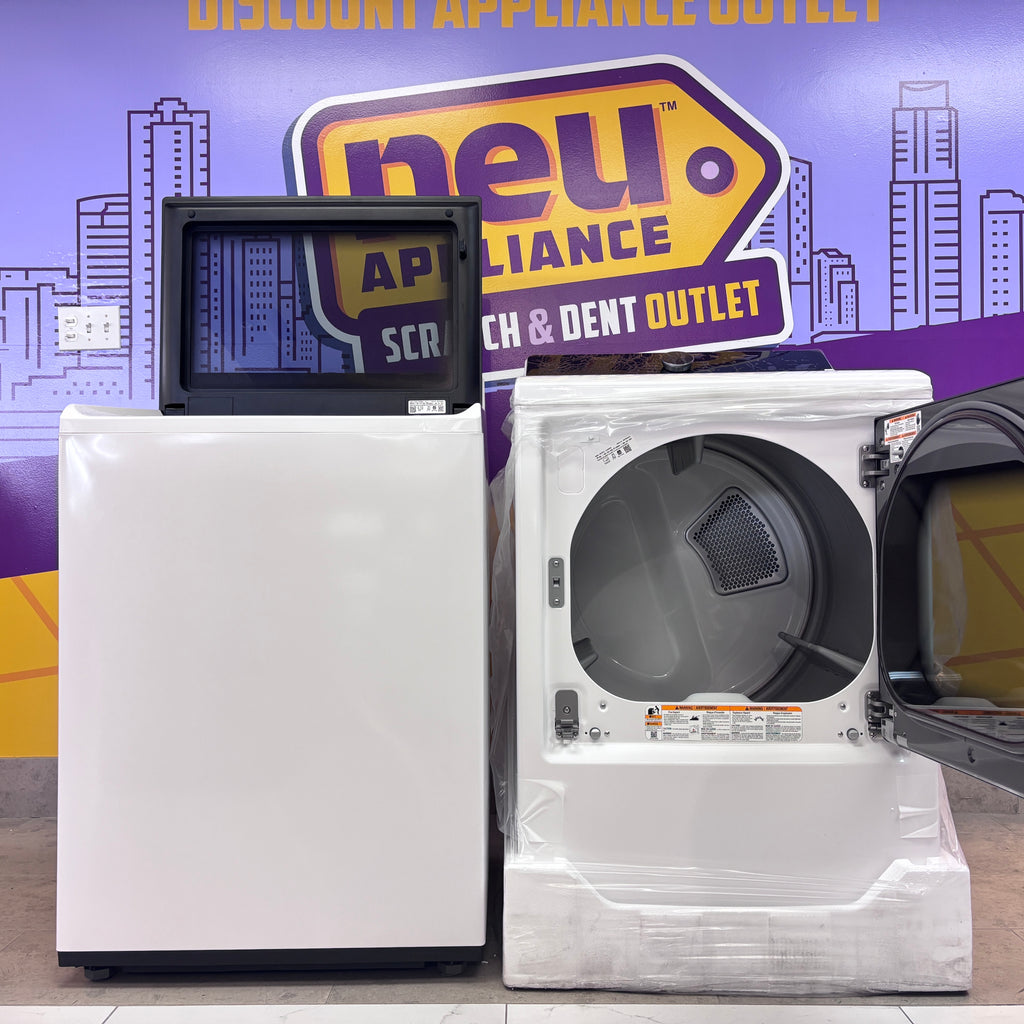 Pictures of LG 5.5 cu. ft. Mega Capacity Top Load Washer with Impeller in Alpine White WT8400CW - Open Box and LG Energy Star Certified 7.3 cu. ft. Ultra Large Capacity Rear Control Electric Dryer with LG EasyLoad™ Door and AI Sensing 15023 - DLE8400WE - New in Box - Neu Appliance Outlet - Discount Appliance Outlet in Austin, Tx