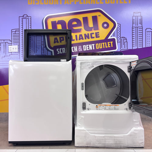 Pictures of LG 5.5 cu. ft. Mega Capacity Top Load Washer with Impeller in Alpine White WT8400CW - Open Box and LG Energy Star Certified 7.3 cu. ft. Ultra Large Capacity Rear Control Electric Dryer with LG EasyLoad™ Door and AI Sensing 15023 - DLE8400WE - New in Box - Neu Appliance Outlet - Discount Appliance Outlet in Austin, Tx