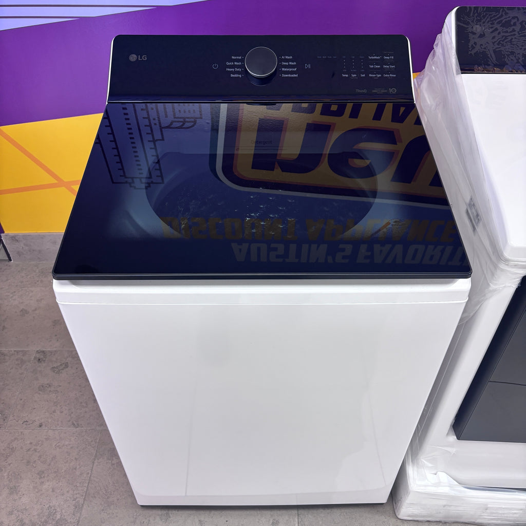 Pictures of LG 5.5 cu. ft. Mega Capacity Top Load Washer with Impeller in Alpine White WT8400CW - Open Box and LG Energy Star Certified 7.3 cu. ft. Ultra Large Capacity Rear Control Electric Dryer with LG EasyLoad™ Door and AI Sensing 15023 - DLE8400WE - New in Box - Neu Appliance Outlet - Discount Appliance Outlet in Austin, Tx
