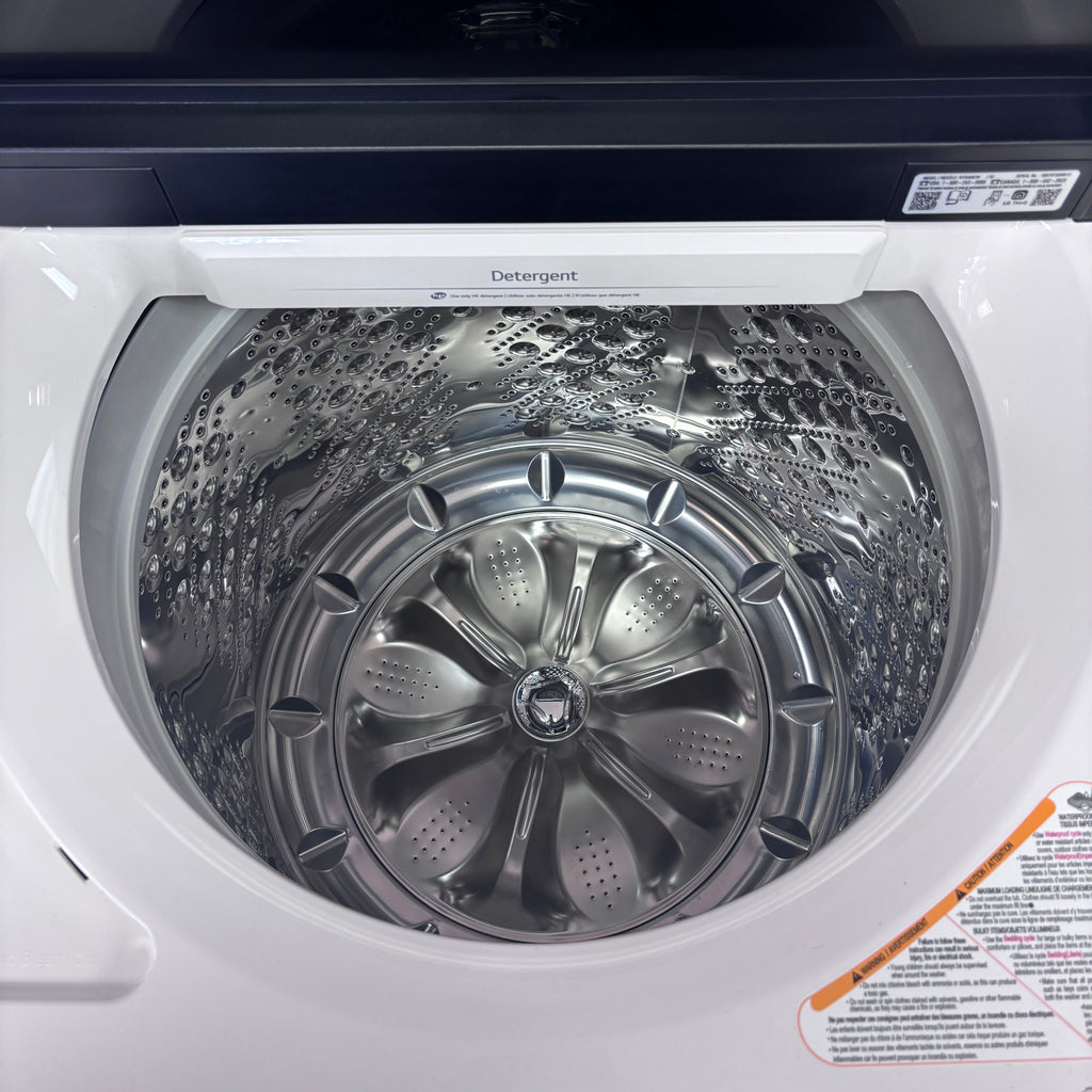 Pictures of LG 5.5 cu. ft. Mega Capacity Top Load Washer with Impeller in Alpine White WT8400CW - Open Box and LG Energy Star Certified 7.3 cu. ft. Ultra Large Capacity Rear Control Electric Dryer with LG EasyLoad™ Door and AI Sensing 15023 - DLE8400WE - New in Box - Neu Appliance Outlet - Discount Appliance Outlet in Austin, Tx