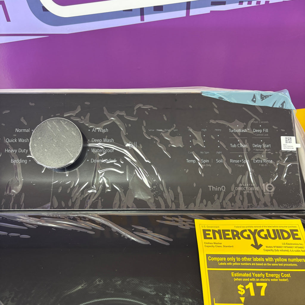Pictures of LG Matte Black 5.5 cu. ft. Mega Capacity Top Load Washer with Impeller and AI Technology WT8400CB - New in Box and LG 7.3 cu. ft. Ultra Large Capacity Rear Control Electric Dryer with EasyLoad™ Door and AI Sensing 15024 - DLE8400BE - Open Box - Neu Appliance Outlet - Discount Appliance Outlet in Austin, Tx