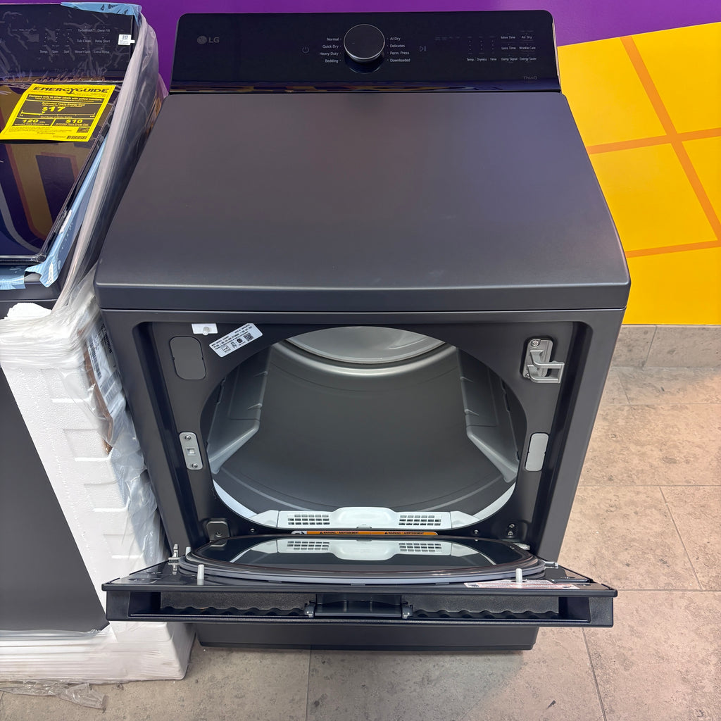 Pictures of LG Matte Black 5.5 cu. ft. Mega Capacity Top Load Washer with Impeller and AI Technology WT8400CB - New in Box and LG 7.3 cu. ft. Ultra Large Capacity Rear Control Electric Dryer with EasyLoad™ Door and AI Sensing 15024 - DLE8400BE - Open Box - Neu Appliance Outlet - Discount Appliance Outlet in Austin, Tx