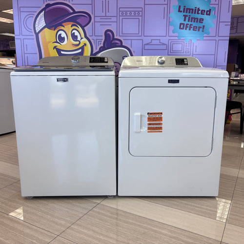 Maytag 4.7 cu. ft. Smart Top Load Washing Machine with Extra Power Button and Deep Fill Option MVW6230HW - Open Box and Maytag 7.0 cu. ft. Electric Dryer with Moisture Sensing and Quick Dry Cycle 15029 - MED6200KW - Scratch & Dent (Minor)
