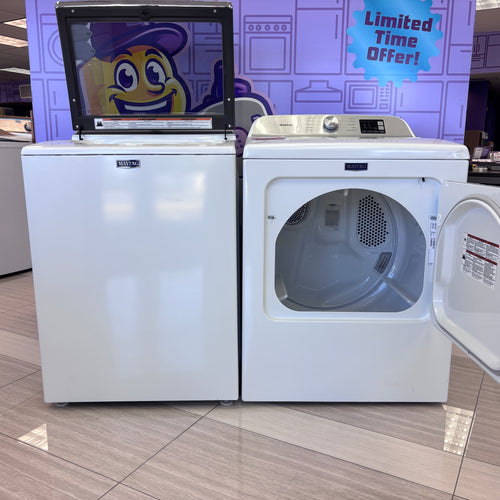 Maytag 4.7 cu. ft. Smart Top Load Washing Machine with Extra Power Button and Deep Fill Option MVW6230HW - Open Box and Maytag 7.0 cu. ft. Electric Dryer with Moisture Sensing and Quick Dry Cycle 15029 - MED6200KW - Scratch & Dent (Minor)