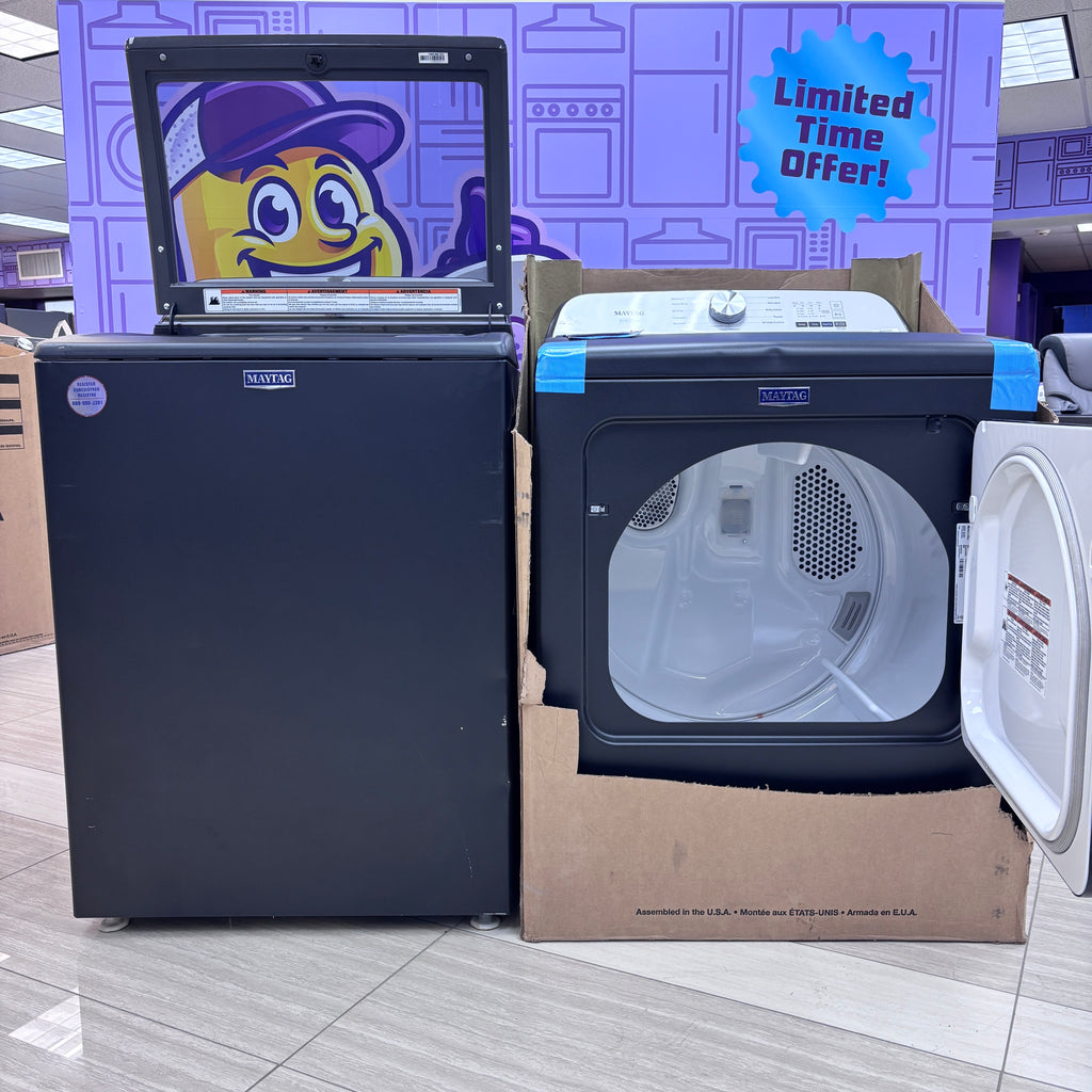 Pictures of Maytag Volcano Black Top Load 4.7 Cu. Ft. Pet Pro Washer with Built-In Faucet MVW6500MBK - Scratch & Dent (Moderate) and Maytag Volcano Black Pet Pro 7.0 cu. ft. Electric Dryer with XL Lint Trap and Steam 15032 - MED6500MBK - New in Box - Neu Appliance Outlet - Discount Appliance Outlet in Austin, Tx