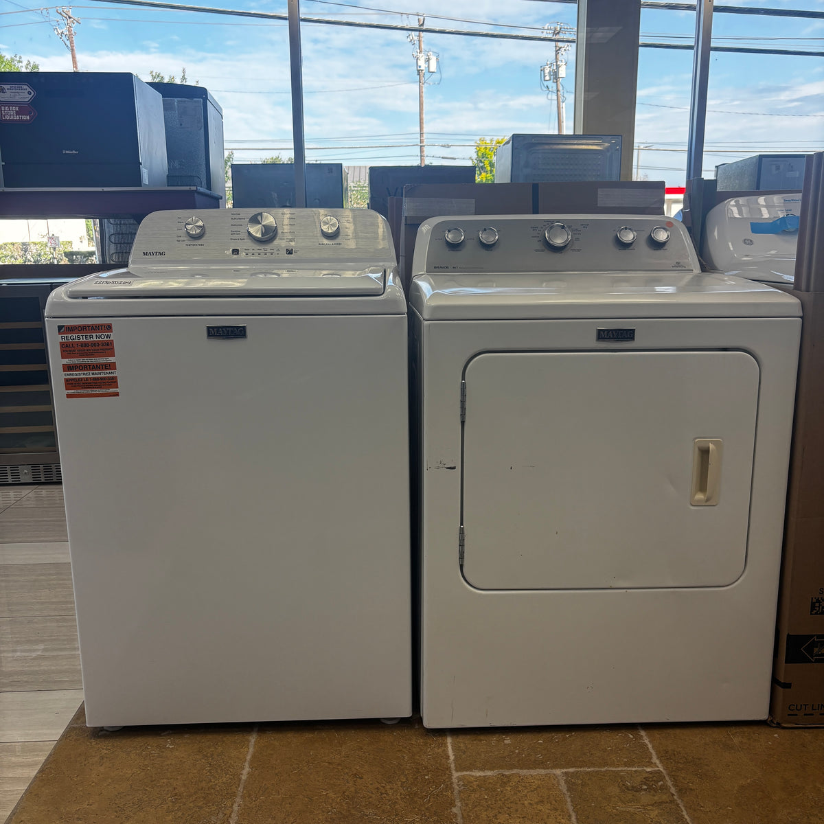 Maytag 4.2 Cu. Ft. Capacity Top Load Washer in White MTW4205SW - Scratch & Dent (Minor) and Maytag Extra Large Vented Electric Dryer in White 15033 - MEDX655DW - Certified Refurbished