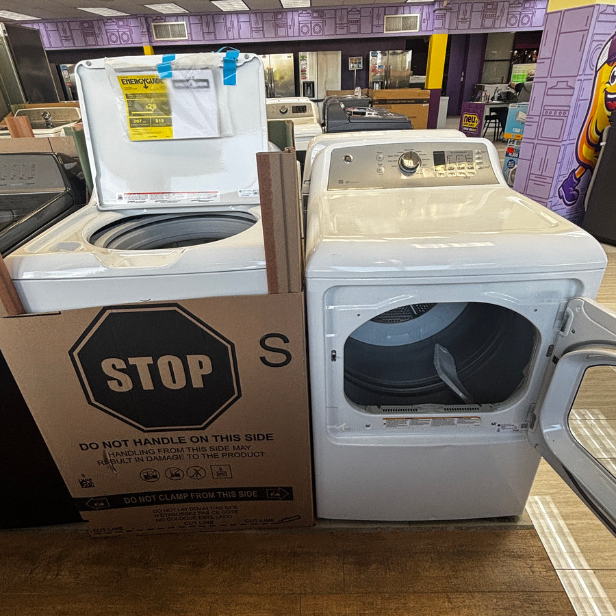 GE White Top Load 4.0 Cu. Ft. Capacity Washer with Stainless Steel Wash Basket GTW325ASWWW - New in Box and  GE ENERGY STAR 7.4 cu. ft. Capacity Aluminized Alloy Drum Electric Dryer with Sensor Dry  15035 - GTD65EBSJWS - Certified Refurbished