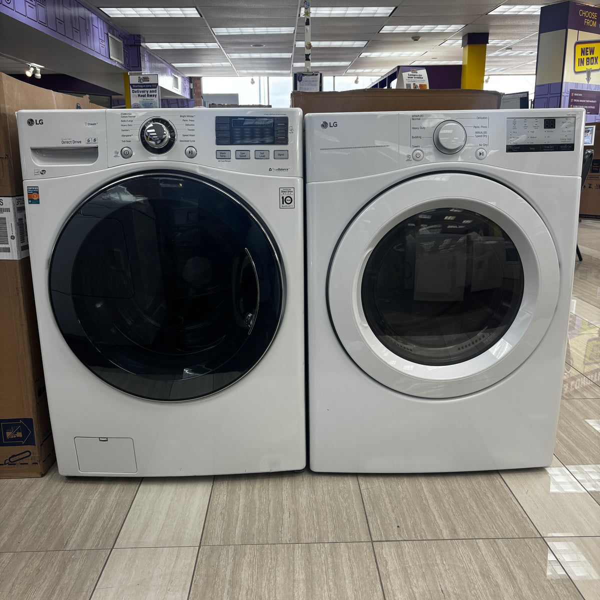 LG TurboWash 4.3 Cu. Ft. 12-Cycle High-Efficiency Steam Front-Loading Washer WM3570HWA - Scratch & Dent (Moderate) and LG 7.4 cu. ft. ENERGY STAR Electric Vented Dryer with Sensor Dry and SmartThinQ Technology 15036 - DLE3400W - Scratch & Dent (Minor)